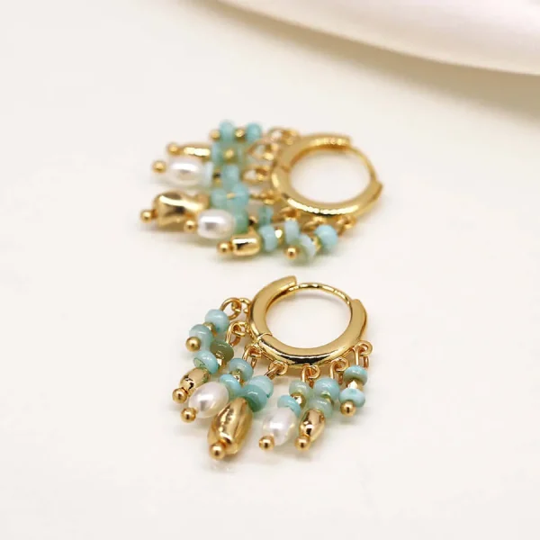POM - Mixed aqua, gold and pearl hoop earrings - Image 3