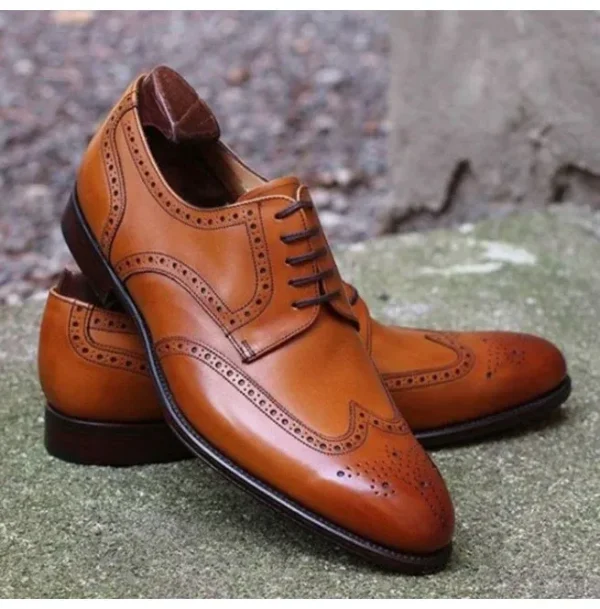 Handmade Brown Wing Tip Brogue Derby Lace Up Dress Leather