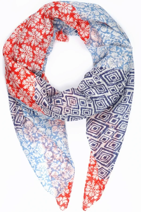 Mixed Floral and Diamond Print Cotton Scarf - Blue/Red