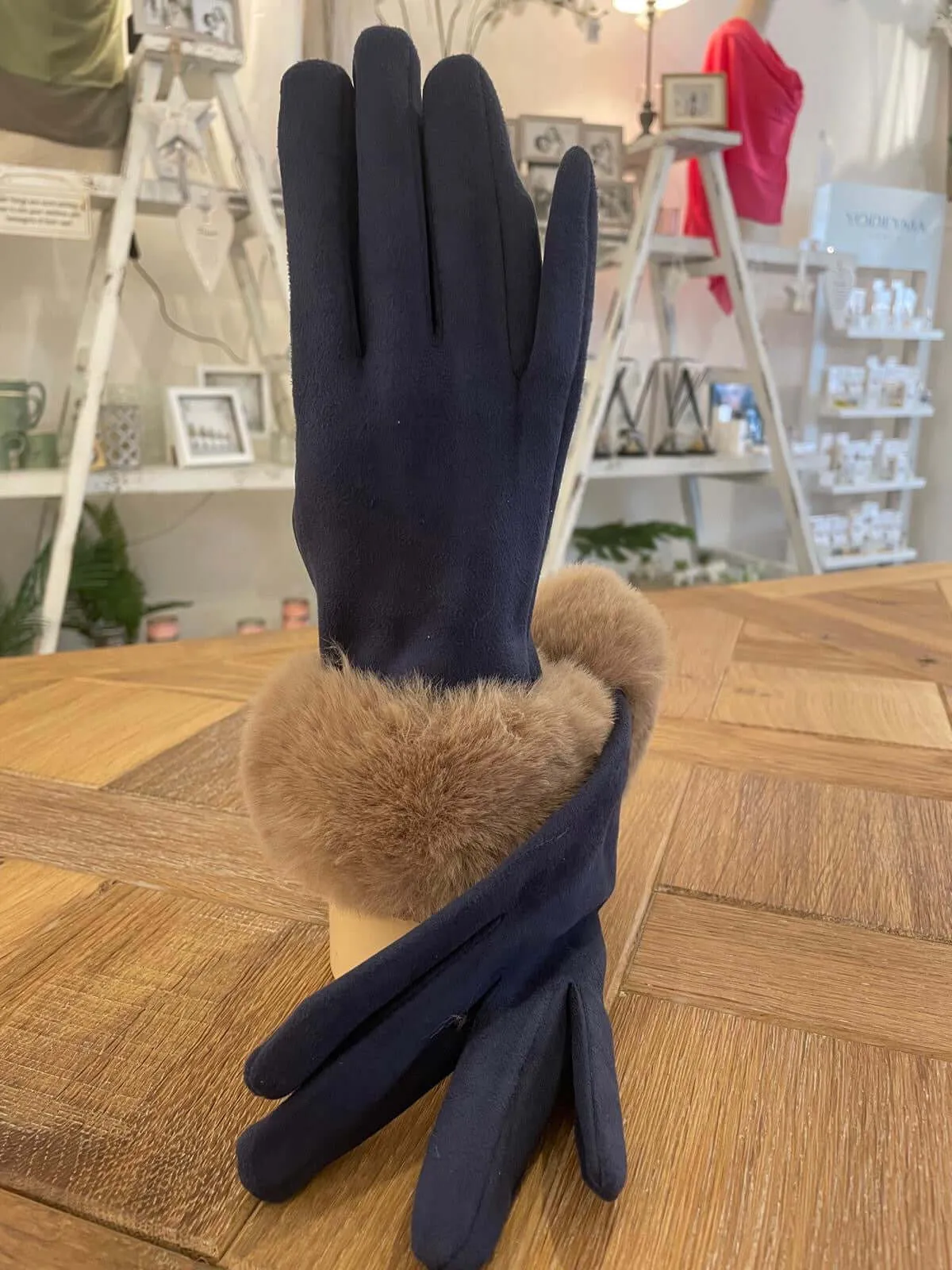 Powder Design Bettina Faux Suede/Fur Gloves - Navy - Image 2