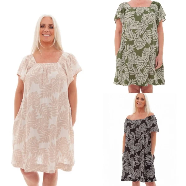 Linen Dotty Leaf Print Angel Sleeve Dress - Image 2