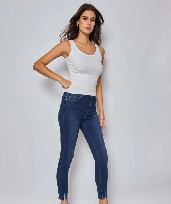 Stretchy Dark Wash Distressed Ankle Jeans - Image 2