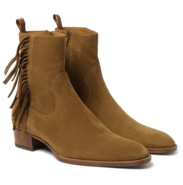 Hand Men Tan Color Ankle High Fringed Ankle High Suede Leather Boots, Boots