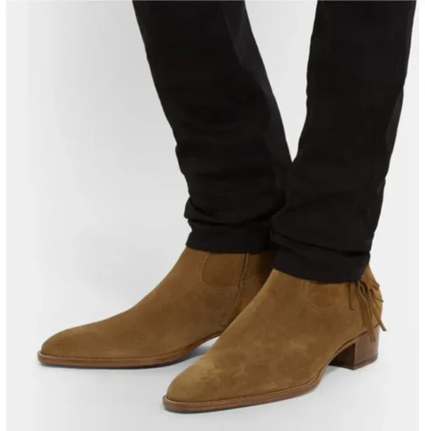 Hand Men Tan Color Ankle High Fringed Ankle High Suede Leather Boots, Boots - Image 2
