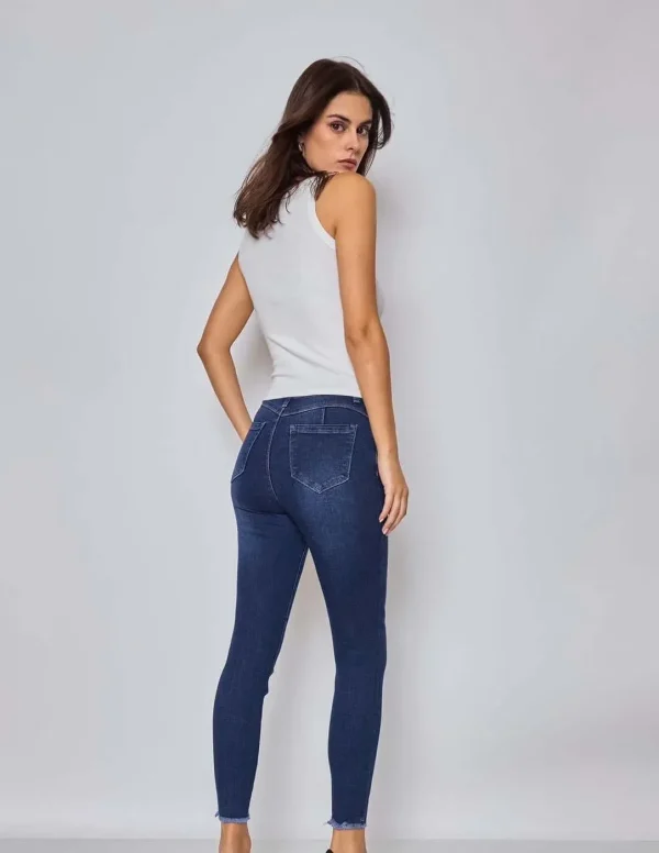 Stretchy Dark Wash Distressed Ankle Jeans - Image 3