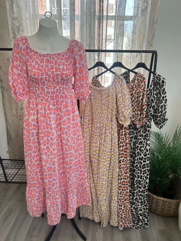 Leopard Print Shirred Waist Maxi Dress