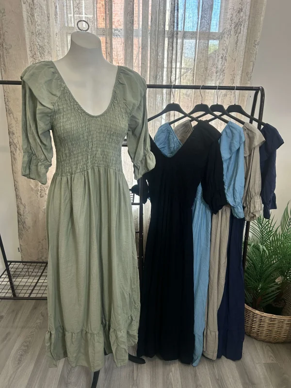 Frill Sleeve Shirred Waist Maxi Dress