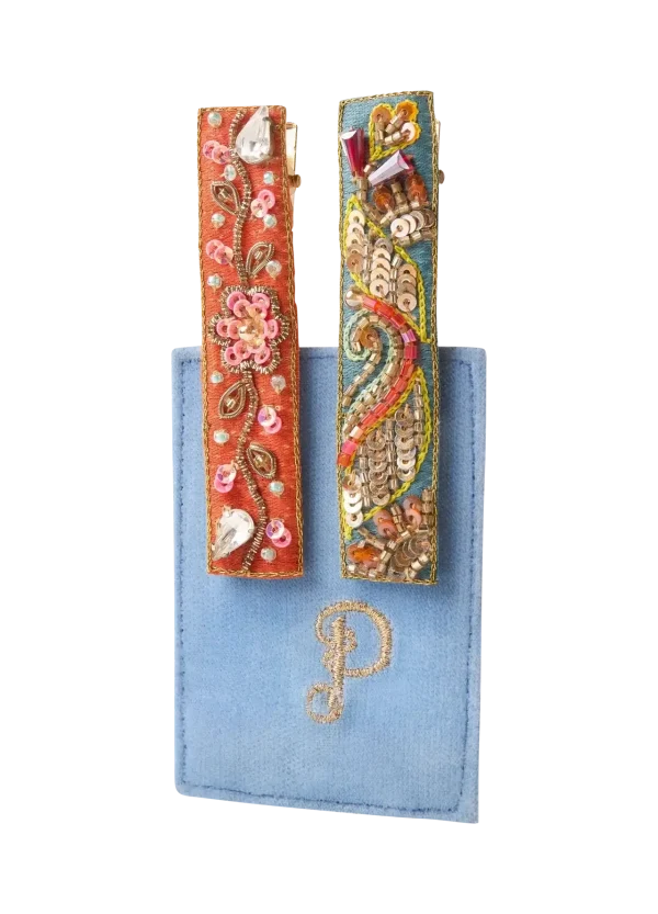 Powder Designs Embroidered Hair Bars -Tangerine Floral Vines/Teal Festival