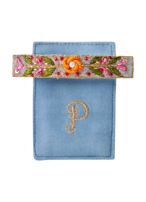 Powder Designs Embroidered Barette - Denim Floral Vine
