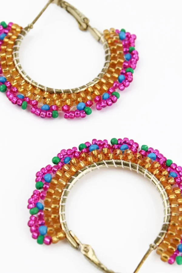 Gold & Pink Round Beaded Hoop Earrings - Image 4