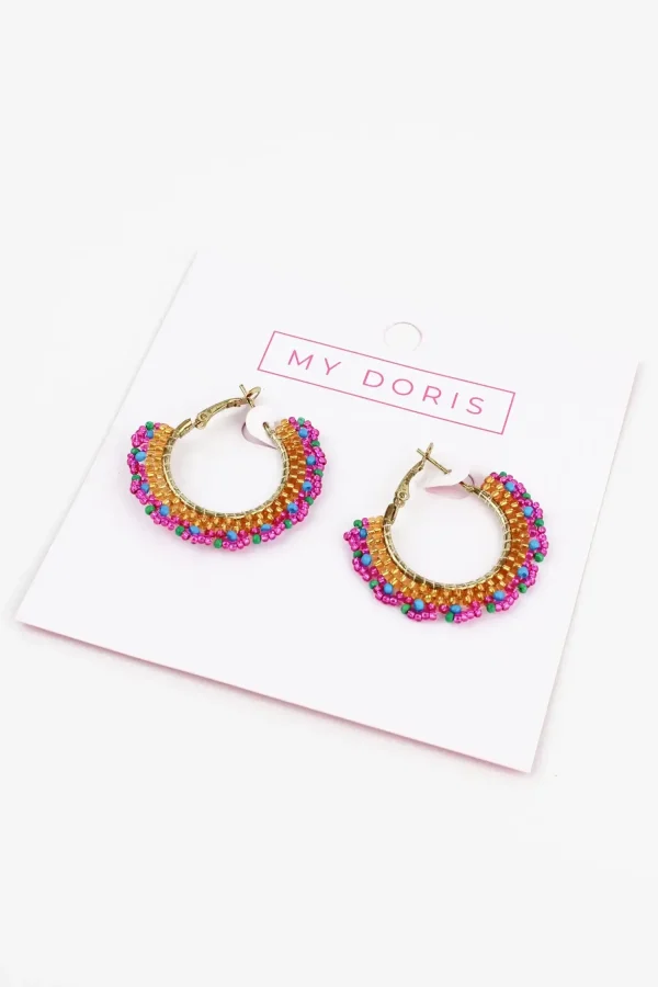 Gold & Pink Round Beaded Hoop Earrings - Image 3