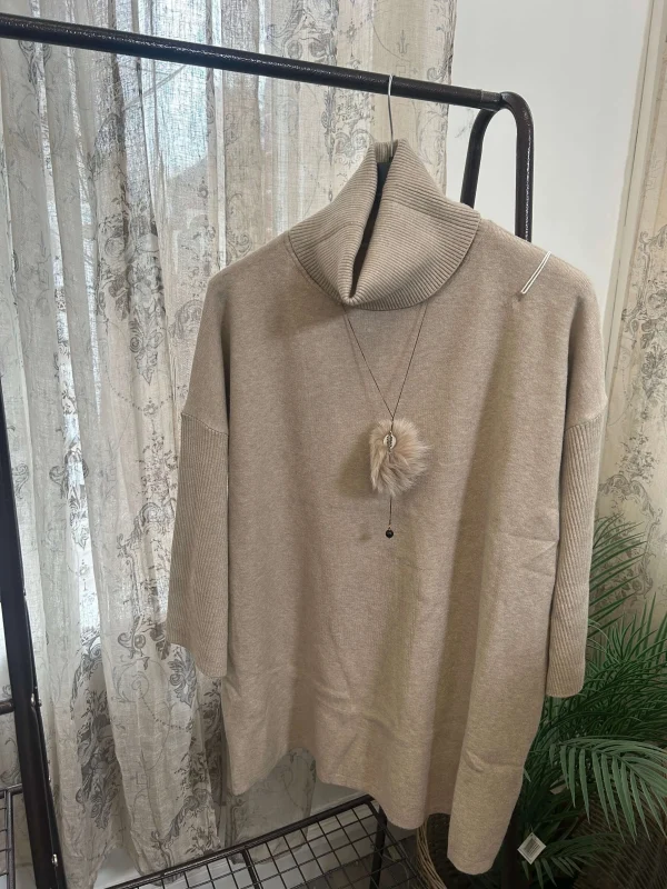 Boxy Cowl Neck Jumper with Pom Pom Necklace - Image 6