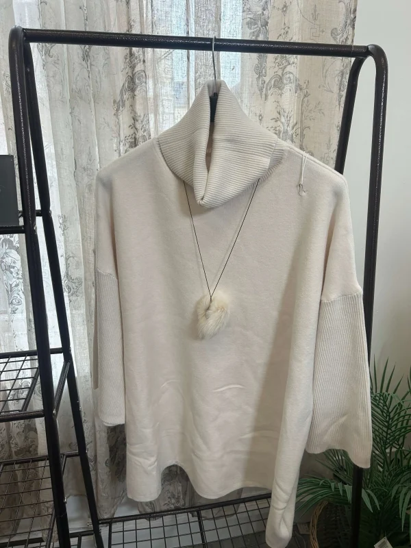 Boxy Cowl Neck Jumper with Pom Pom Necklace - Image 5