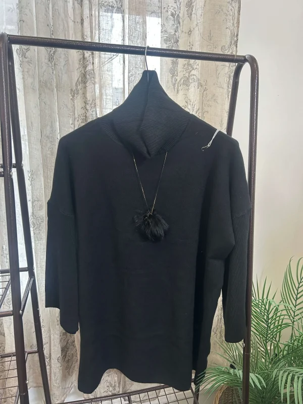 Boxy Cowl Neck Jumper with Pom Pom Necklace - Image 4