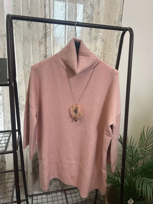 Boxy Cowl Neck Jumper with Pom Pom Necklace - Image 3