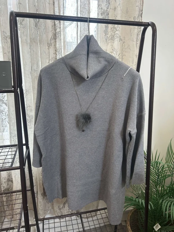 Boxy Cowl Neck Jumper with Pom Pom Necklace - Image 2