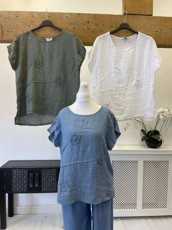 Crochet Flower Linen T-Shirt