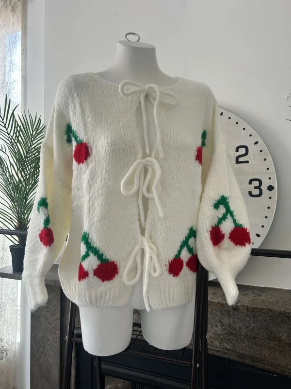 Slouchy Cherry Detail Wool Blend Knitted Cardigan - Image 3