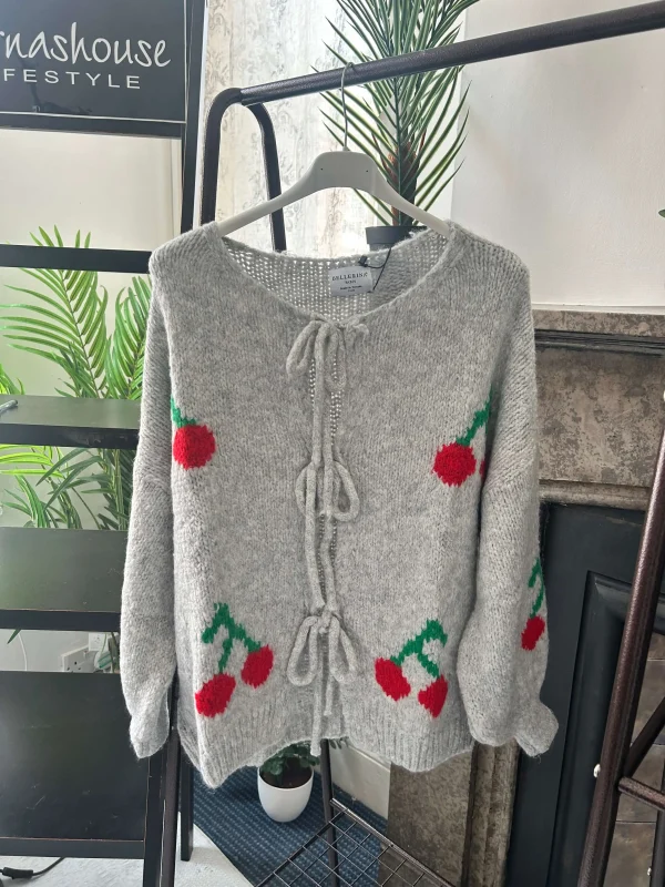 Slouchy Cherry Detail Wool Blend Knitted Cardigan
