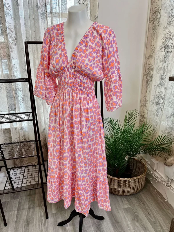 V Neck Leopard Print Shirred Waist Maxi Dress