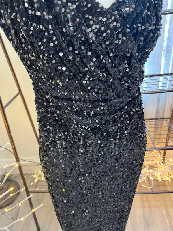Sequin Tie Waist Mid Length Black Dress - Image 3