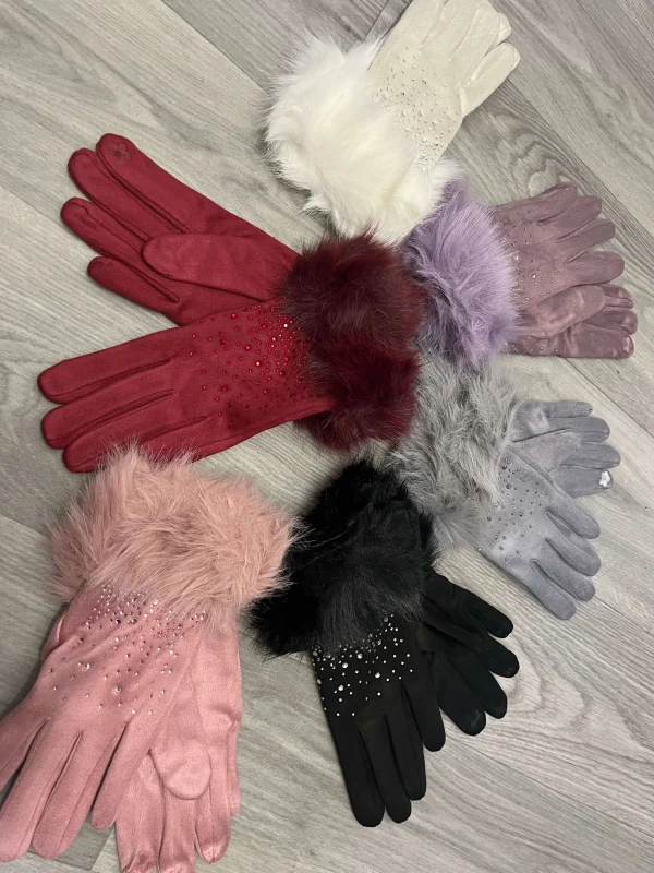 Diamonte Faux Fur Gloves