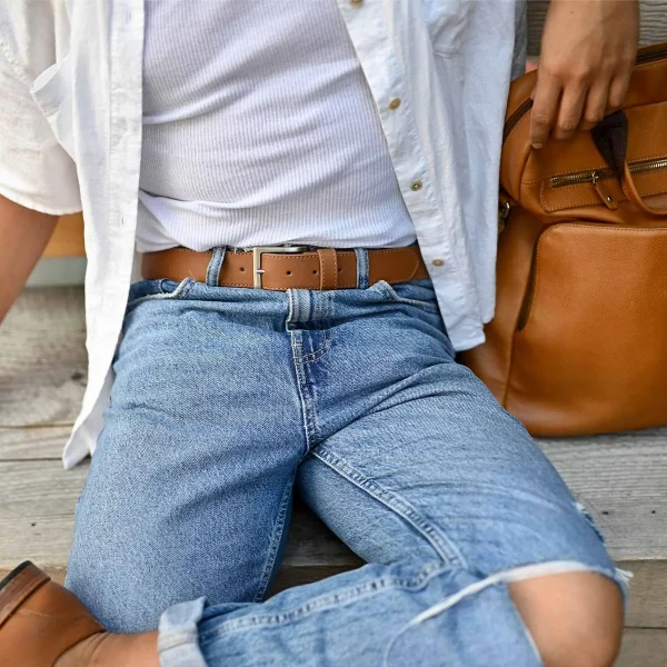 The District Belt Brushed Silver Leather Brown - Image 2