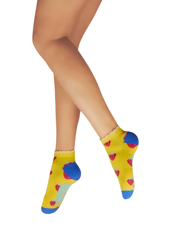 Powder Design Ladies Trainer Socks - Succulent Strawberries - Mustard