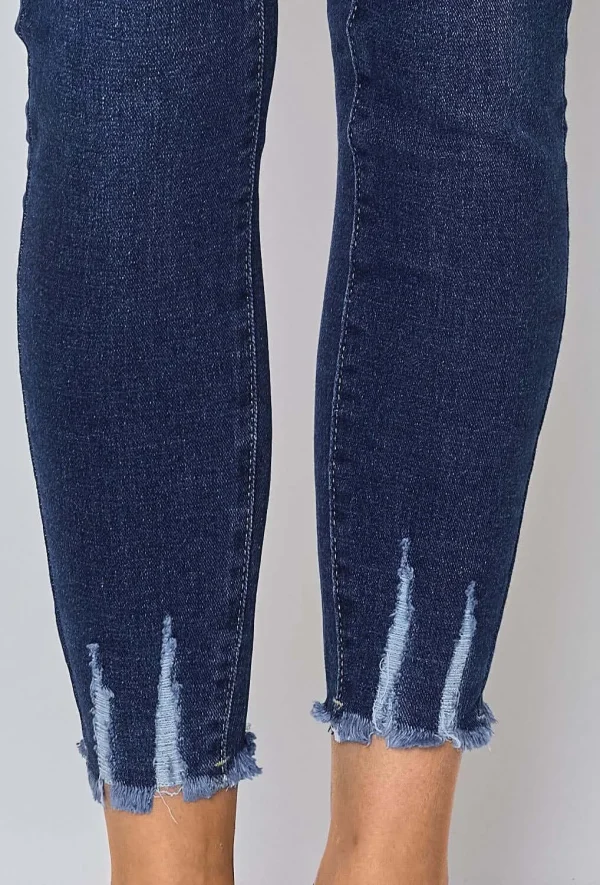 Stretchy Dark Wash Distressed Ankle Jeans - Image 4