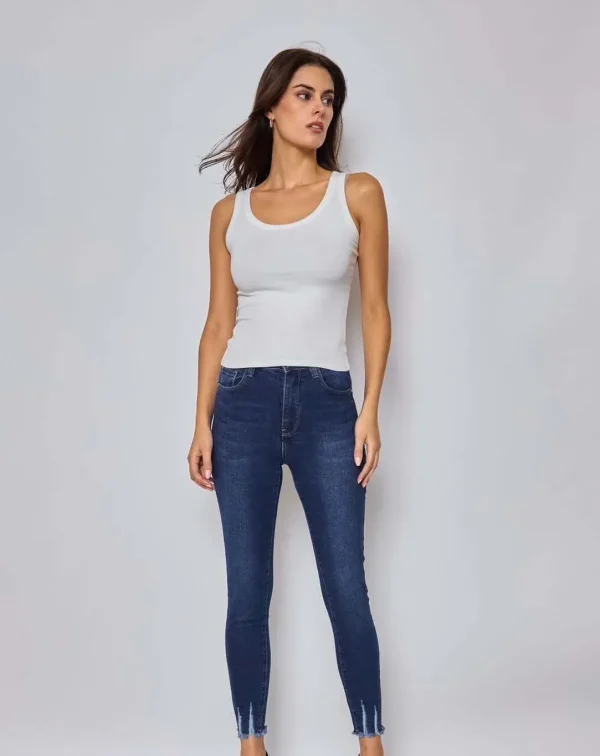 Stretchy Dark Wash Distressed Ankle Jeans