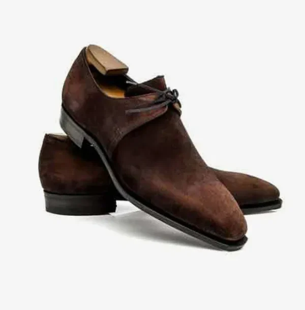 Handmade Brown Suede Formal Wedding Shoes Men Lace Up Derby - Image 3