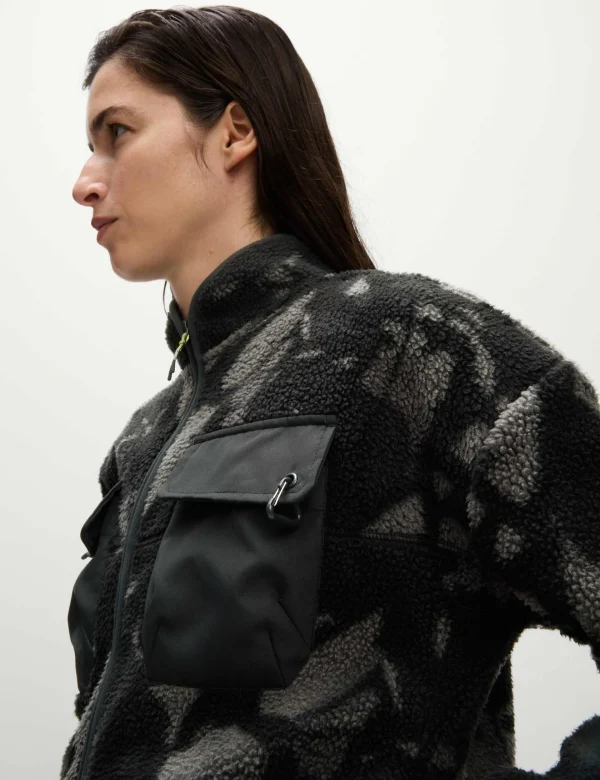 Borg Printed Funnel Neck Zip Up Fleece Jacket - Medium Grey Mix - Image 2