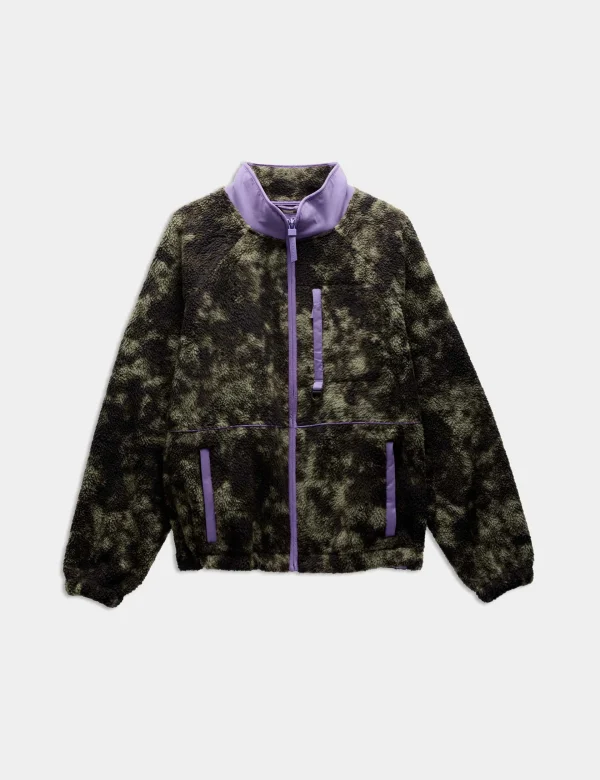 Borg Zip Up Printed Funnel Neck Fleece Jacket - Khaki Mix - Image 6