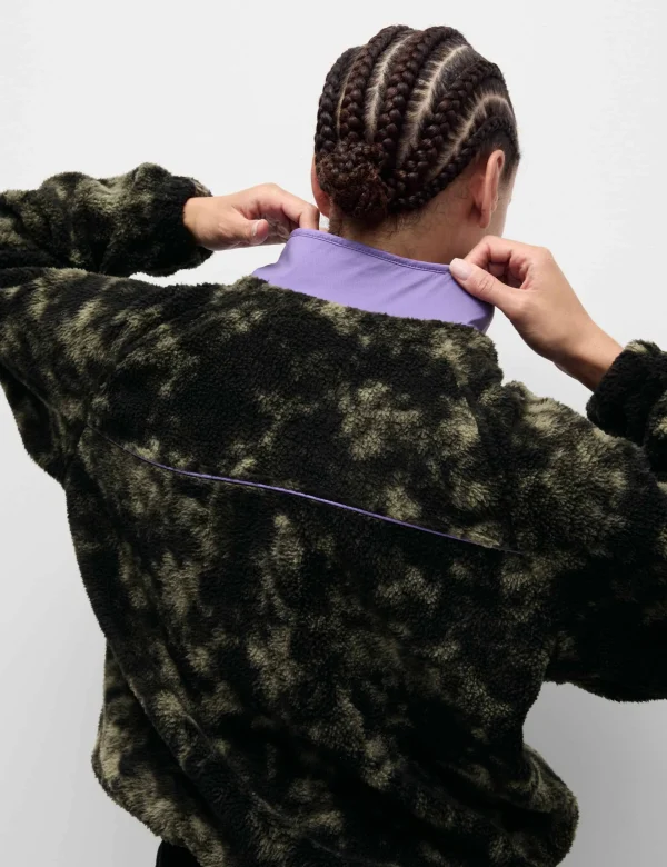Borg Zip Up Printed Funnel Neck Fleece Jacket - Khaki Mix - Image 2
