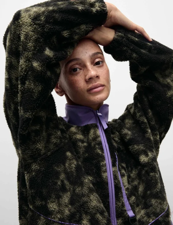 Borg Zip Up Printed Funnel Neck Fleece Jacket - Khaki Mix - Image 3