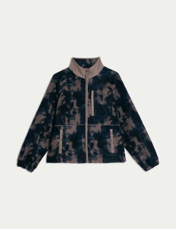 Borg Zip Up Printed Funnel Neck Fleece Jacket - Taupe Mix - Image 7