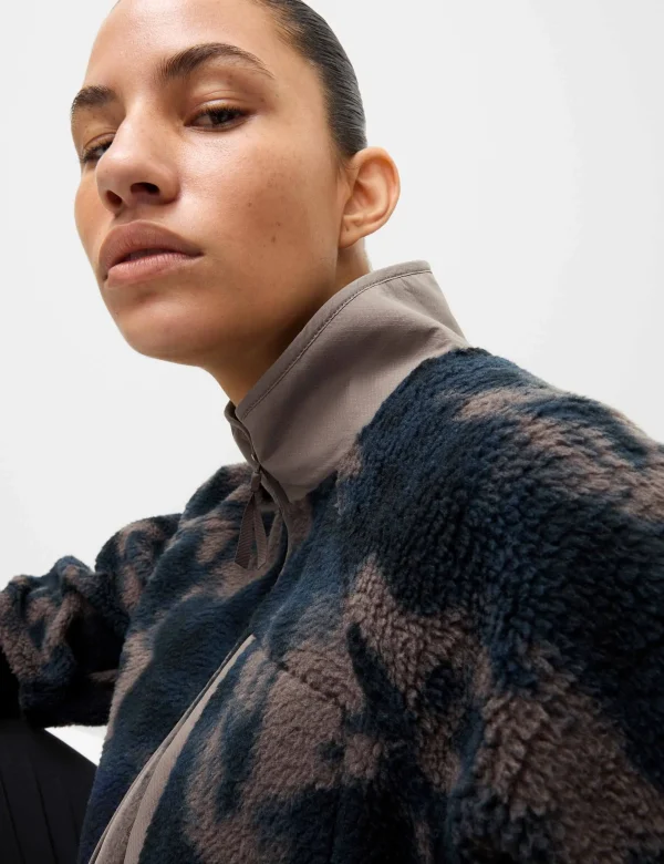 Borg Zip Up Printed Funnel Neck Fleece Jacket - Taupe Mix - Image 3