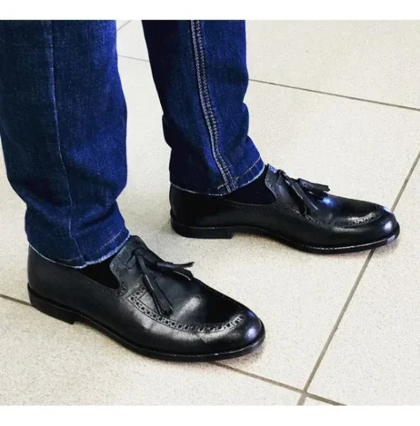 Handmade Men Black Moccasin, Dress Slip On Shoes - Image 2