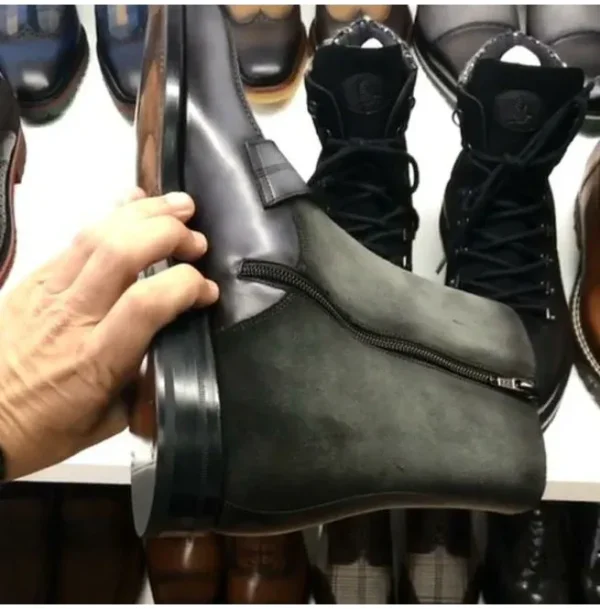 Handmade Men Black Suede and Leather Ankle Boot With Zip Closure - Image 2