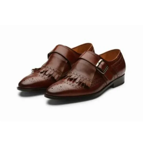 Handmade Men Brown Brogue Monk Strap Shoes With Fringes, Formal Shoes - Image 2