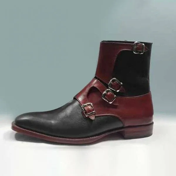 Ankle High Buckle Boot, Handmade Men's Red Black Leather Boot - Image 2