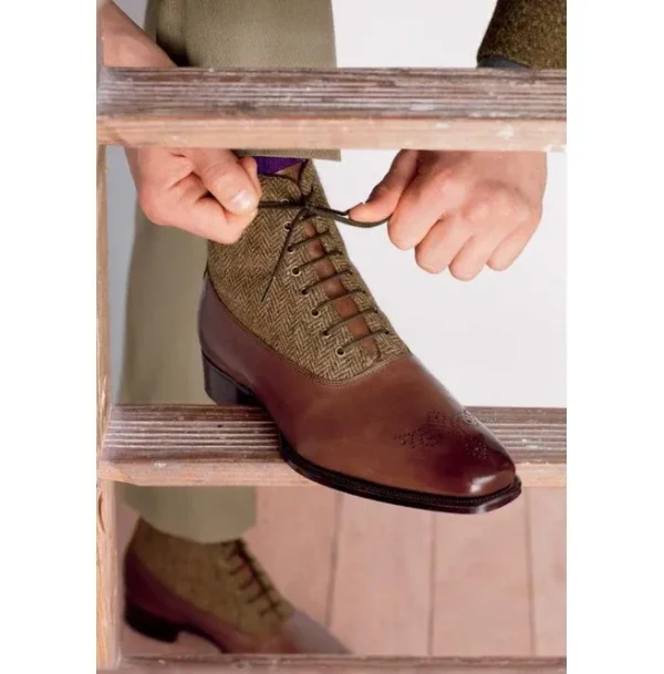 Handmade Men Leather Boots Tweed Fabric Boots For Formal Boots