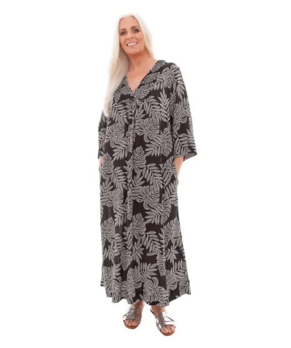 Linen Dotty Leaf Print Pintuck V-Neck Midi Dress - Image 3