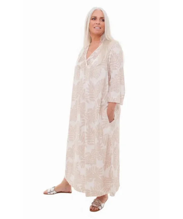 Linen Dotty Leaf Print Pintuck V-Neck Midi Dress - Image 4