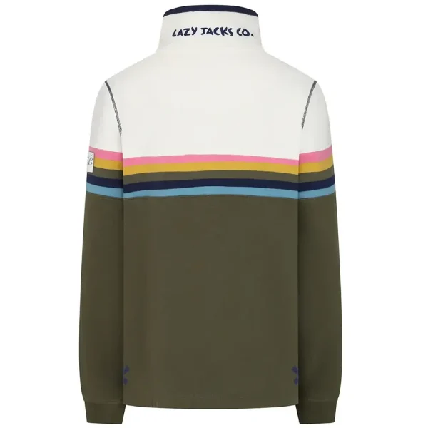 Lazy Jacks Ladies Striped Button Neck Sweatshirt - Khaki - Image 3