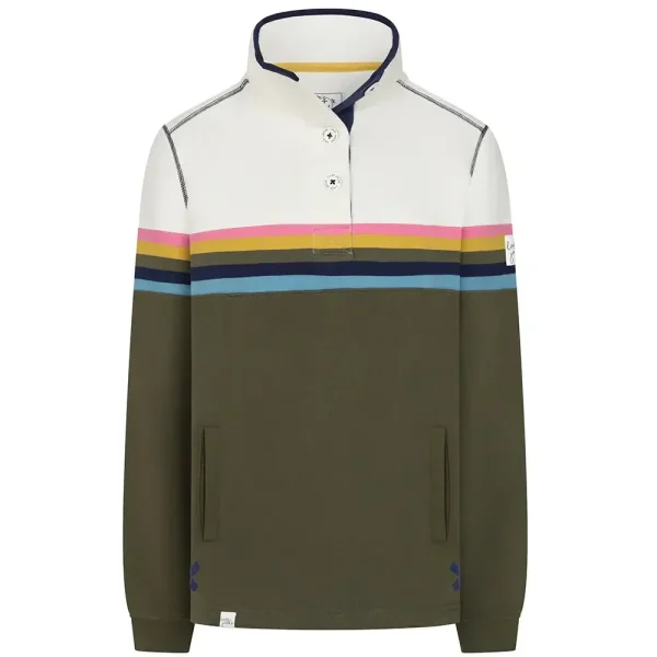 Lazy Jacks Ladies Striped Button Neck Sweatshirt - Khaki - Image 2