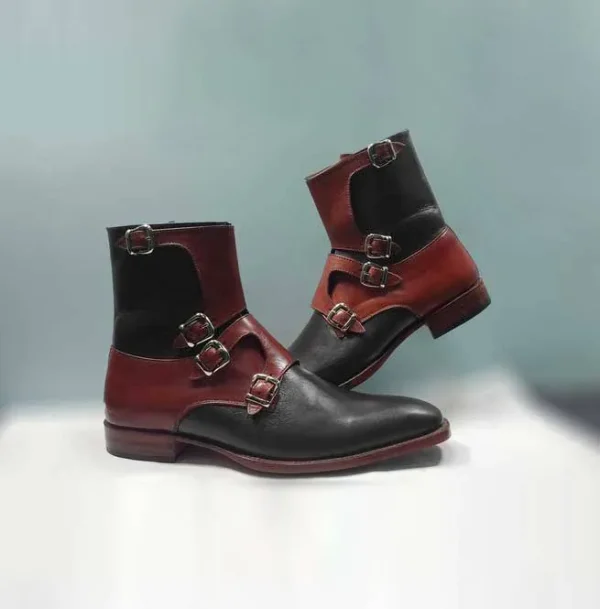 Ankle High Buckle Boot, Handmade Men's Red Black Leather Boot