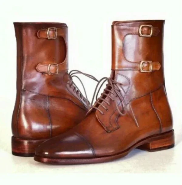 New Handmade Dark Tan Leather High Ankle Boots for Men - Image 3