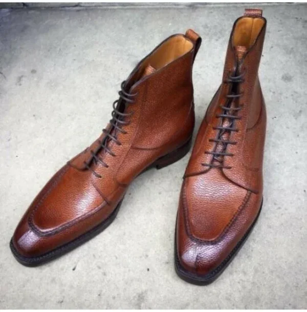 New Handmade Pure Dark Tan Leather Ankle Boots for Men’s - Image 3