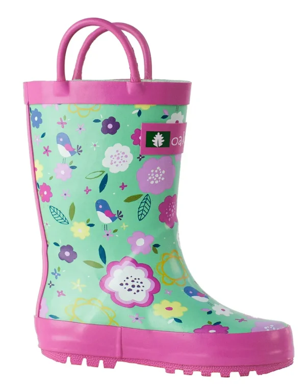 Green Floral Loop Handle Rubber Rain Boots - Image 2
